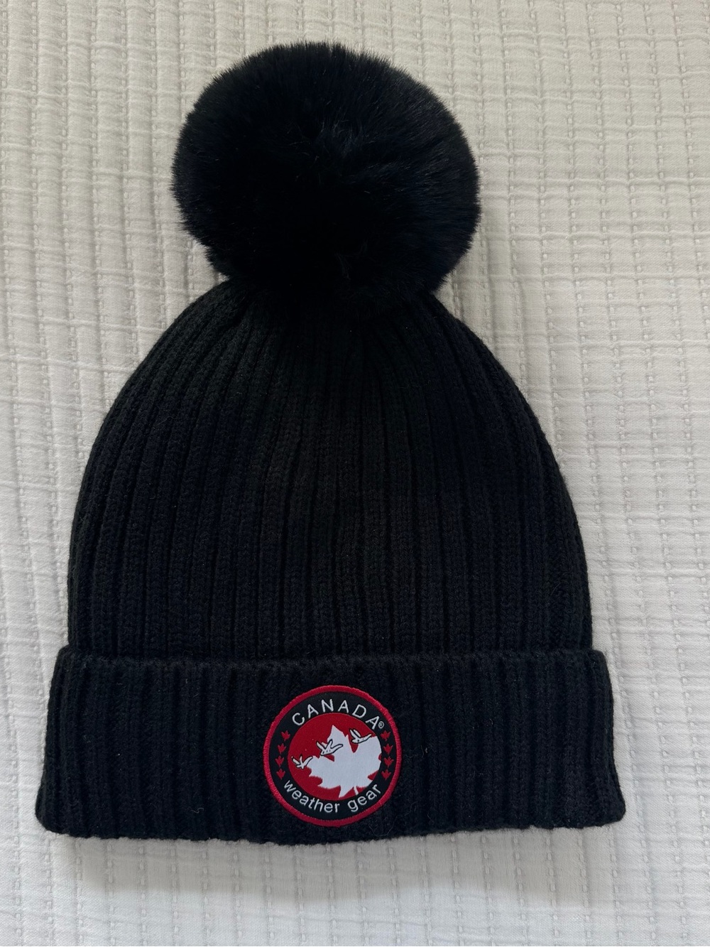 Canada Weather Gear Black Ribbed Pom Beanie with Red Patch Unisex NWOT